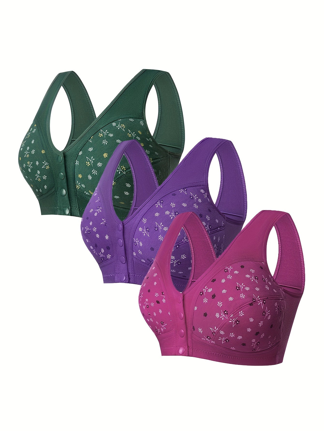 3pcs Plus size Floral Print Front button Bras, Comfortable & Light Beige-friendly Intimates Bras, Women's Underwear & Lingerie
