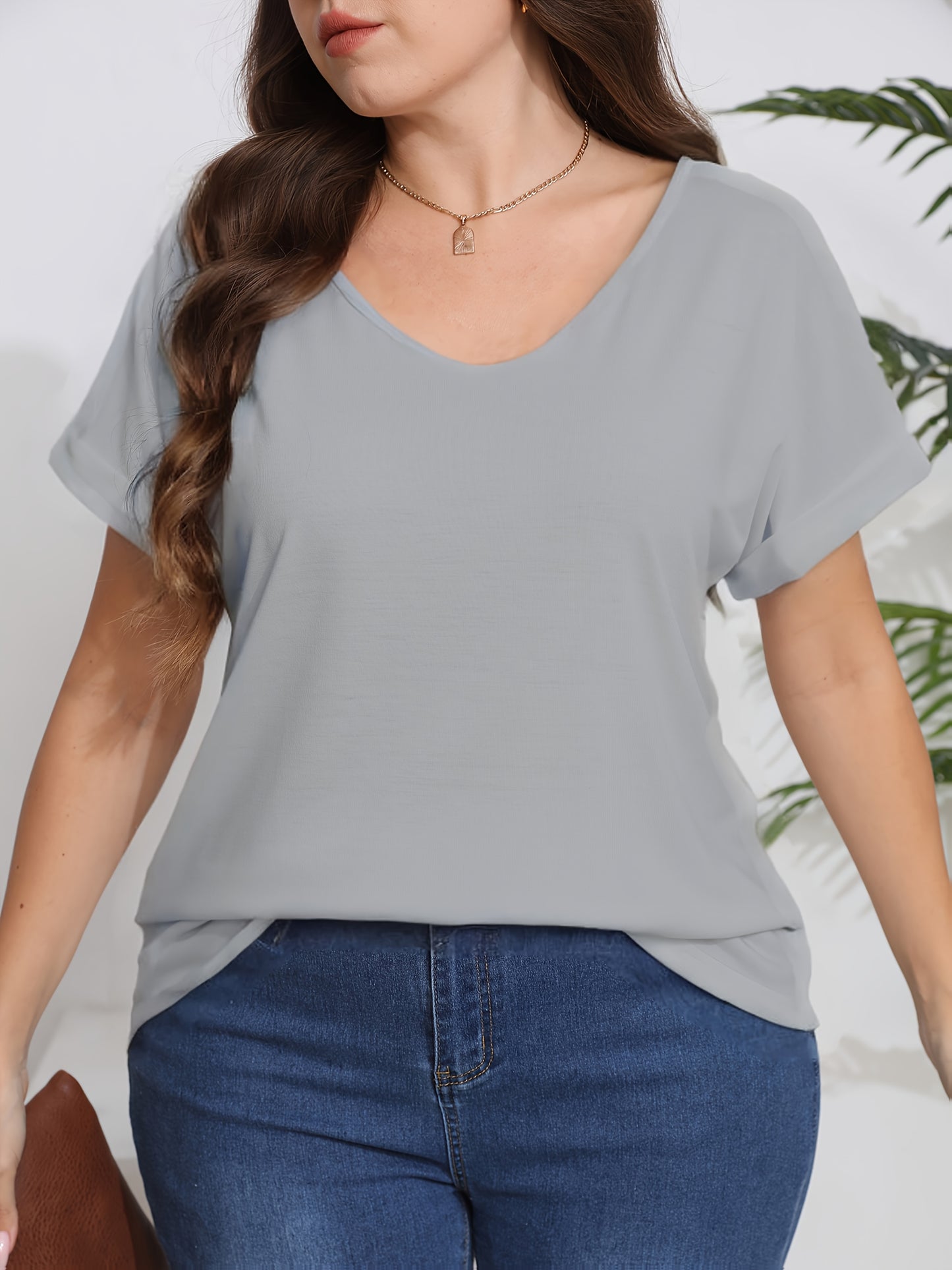 Plus Size, Plus Size Women's Elegant V-Neck T-Shirt - Soft Semi-Sheer Fabric, Vibrant Red, Machine Washable, Spring Summer Fall Casual Top, Ladies T Shirts, Seasonal Fashion, Sophisticated Casual, Comfortable Fit