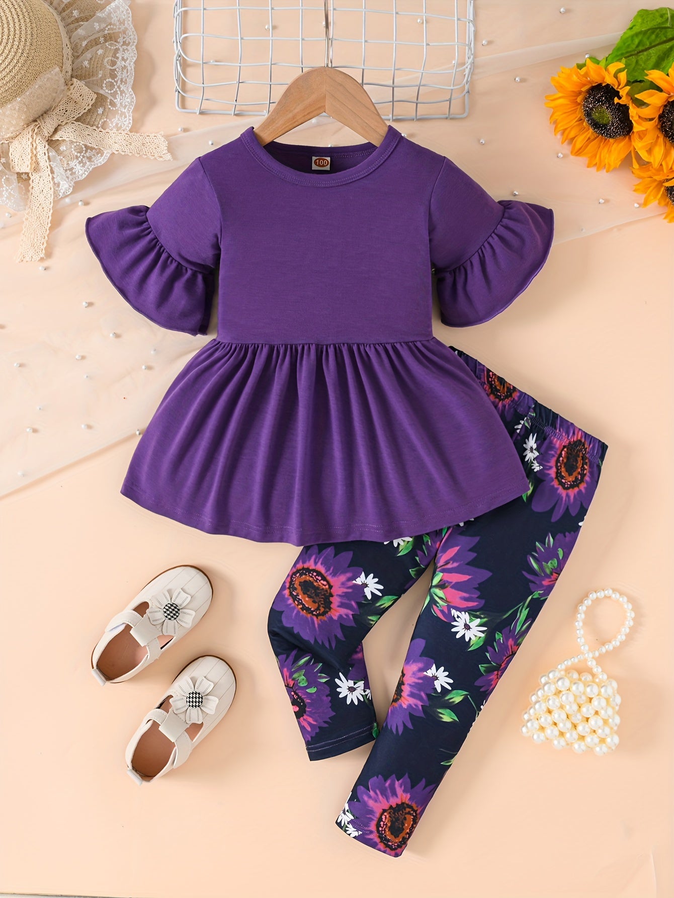 Girls' Floral Print Flared Sleeve Dress with Ruffled Hem & Elastic Waistband - Light Purple & Black Sunflower Design, Long Pants for Spring/Fall Casual Wear, Spring Fall Clothing, Comfortable Fit, for Outdoor