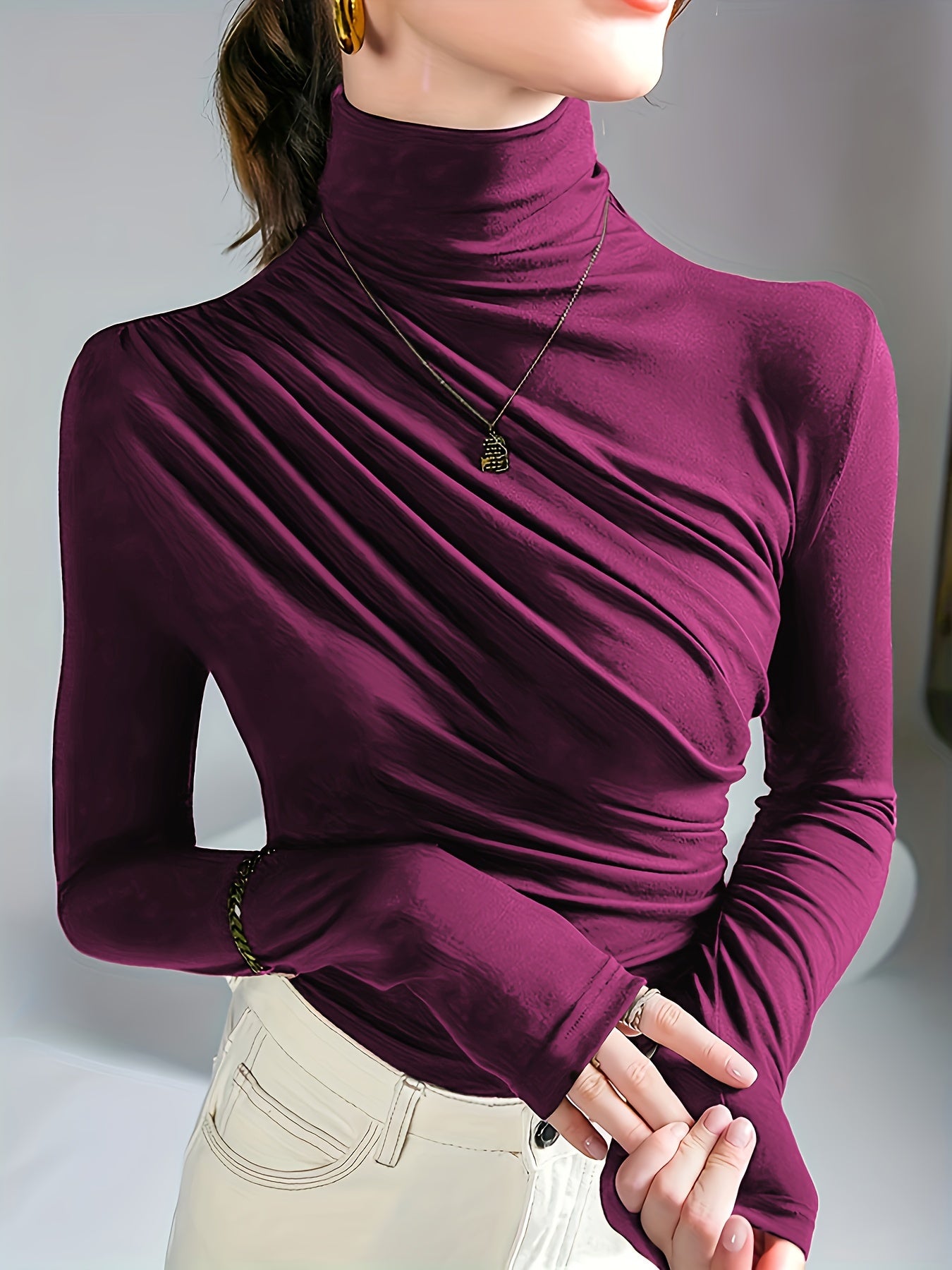 Women's Elegant High Neck Long Sleeve Top with Chest Wrinkle Detail - Solid Color Machine Washable Spring/Fall Layering Essential, Versatile Casual to Formal Shirt, Ladies Long Sleeve Tops, Spring Fashion, Sophisticated Style, Durable Material, Stylish Bl