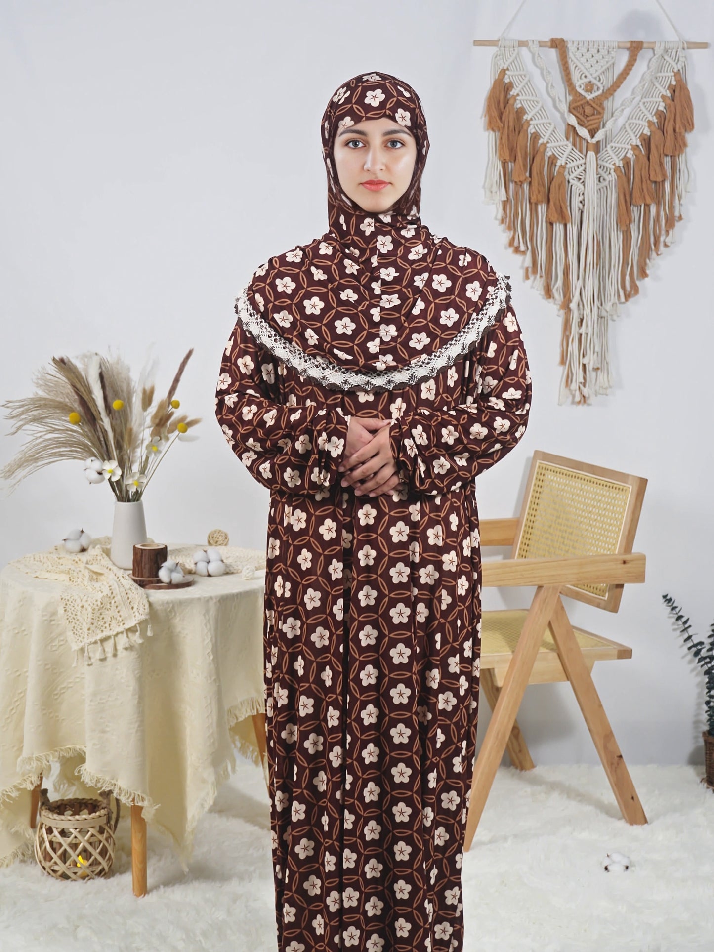 Floral Print Long Robe for Women, Comfortable Loose-Fit Prayer Dress, Ramadan Special, Polyester with Elastane, Machine Washable