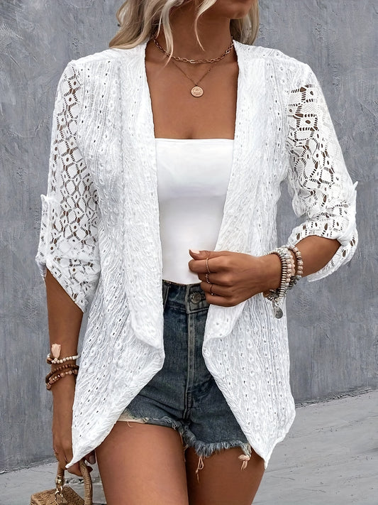 Plus Size Casual Cardigan, Women's Plus Solid Hollow Out Roll Up Sleeve Open Front Cardigan
