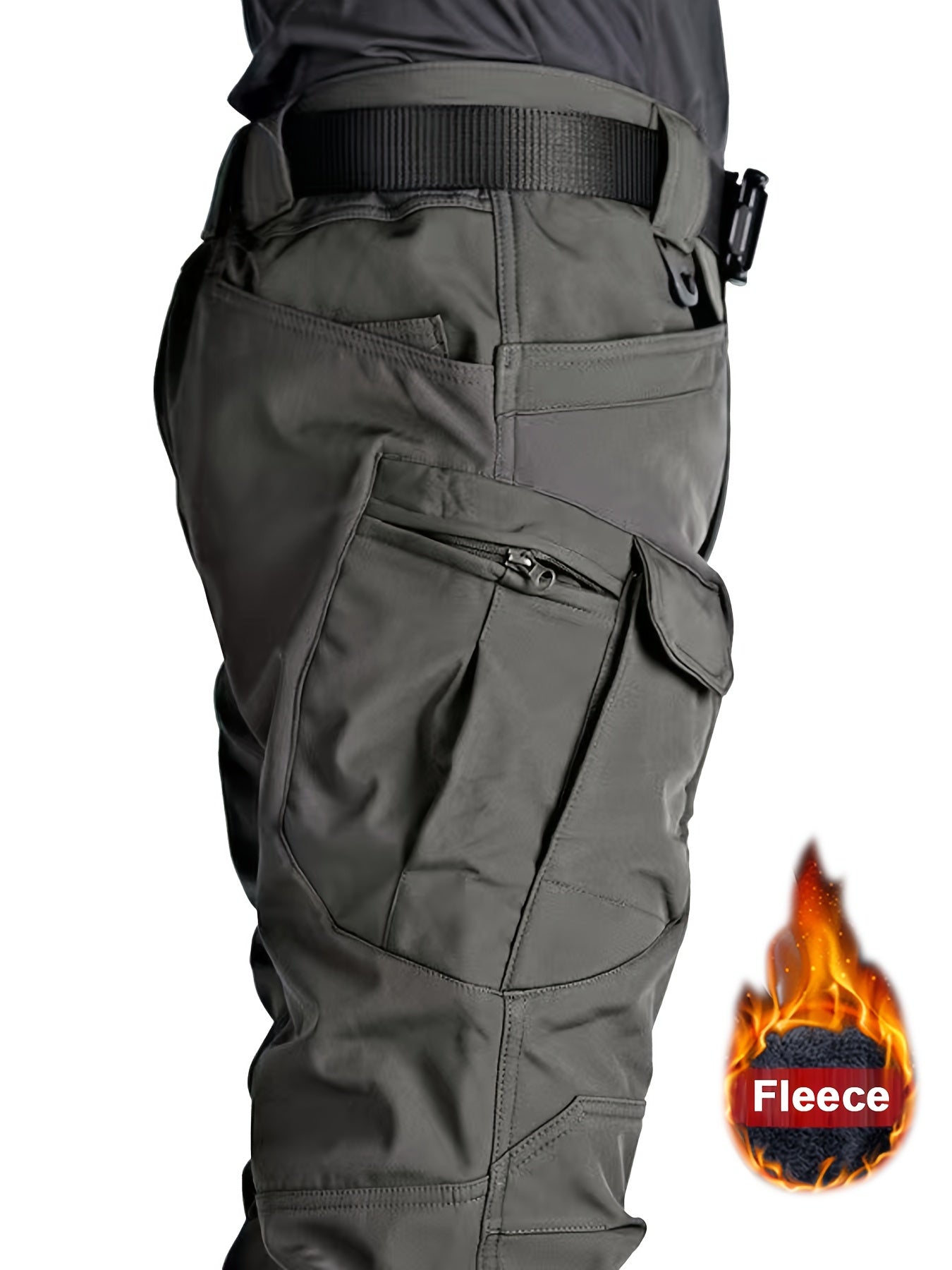 Men's Fleece-Lined Tactical Pants - Warm, Durable Polyester-Spandex Blend, Casual Style with Multiple Pockets & Adjustable Waistband for Winter Outdoor Activities