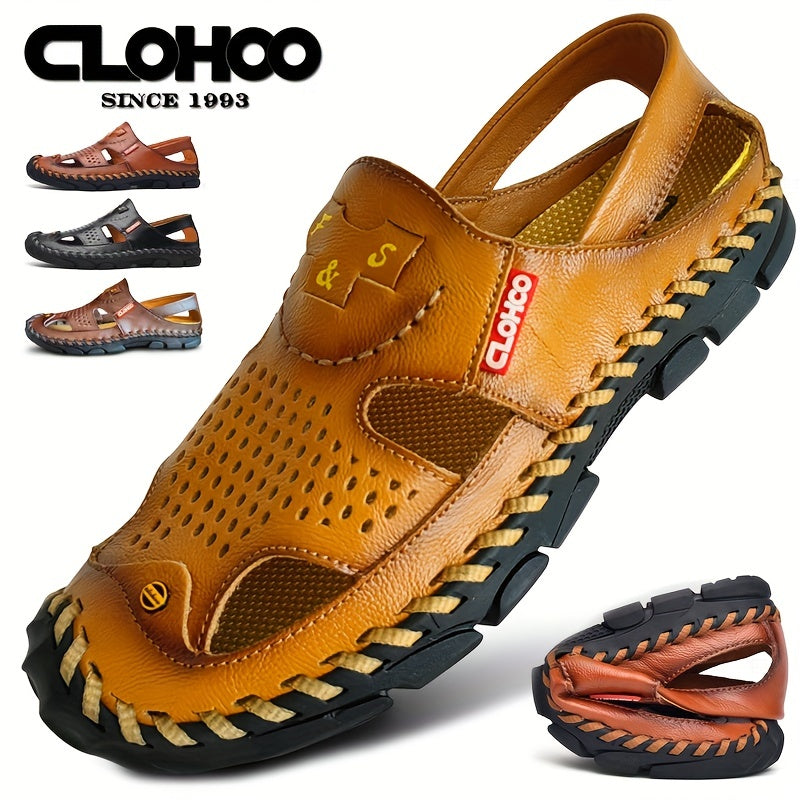 CLOHOO Men's Sandals, Durable Handmade Stitching Close Toe Non Slip Shoes For Indoor Outdoor Beach