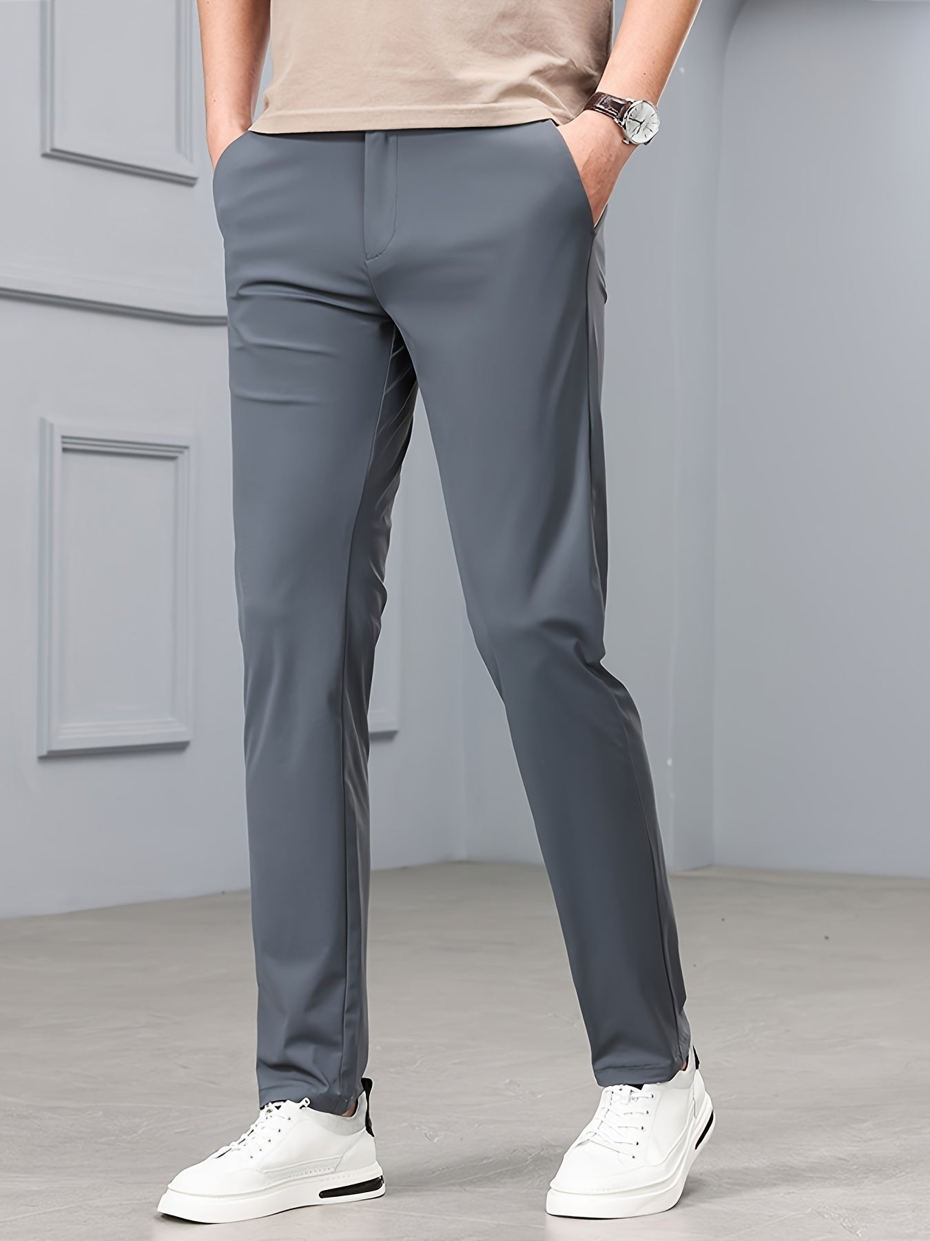 Men'S Slim-Fit Stretch Casual Pants - Mid-Rise Elastic Waistband, Solid Black, Zipper Fly & Pockets, Lightweight Summer Trousers for Casual Outings, Comfortable Leisurewear, Minimalist Design, Smooth Texture Fabric, Highelastic Material, Relaxed Fit, Mode