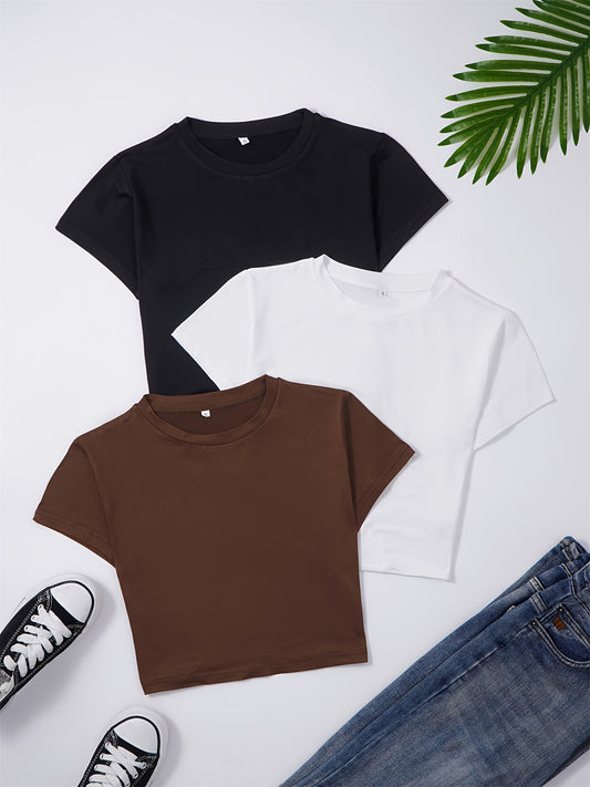 3 Pieces Crop T-shirts, Casual Crew Neck Short Sleeve T-Shirts For Spring & Summer, Women's Clothing