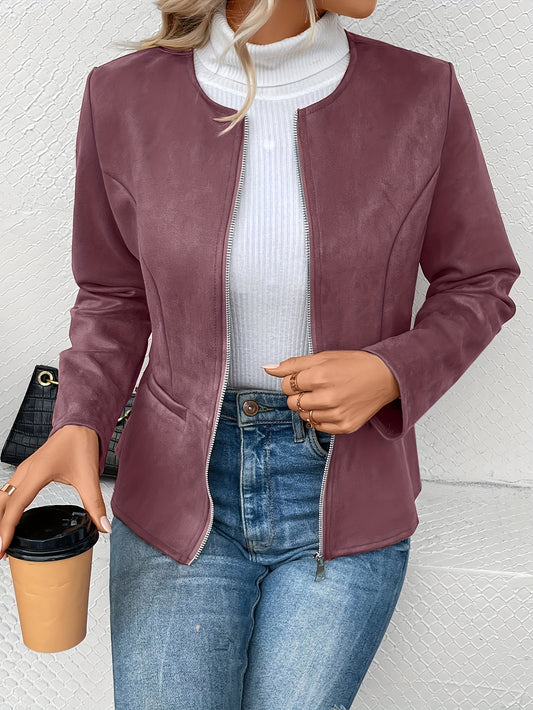 Women'S Stylish Round Neck Fitted Long Sleeve Cardigan with a Short Zip-Up Jacket.