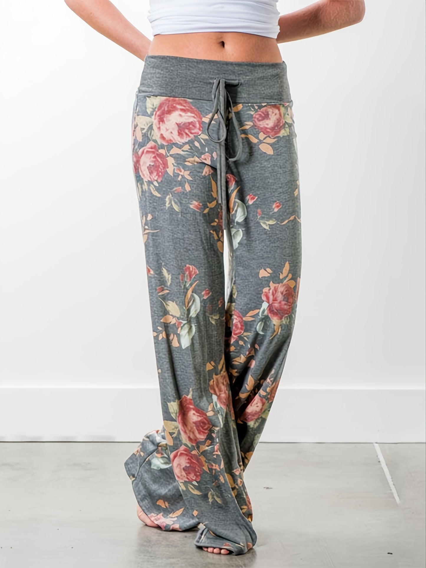 Plus Size - Women'S Plus Size Floral Print Wide Leg Pants with Drawstring Waist - Stretchy & Comfortable Casual Lounge Pajama Pants for Spring/Summer/Fall, Relaxed Fit Pants | Wide Leg Pants | Drawstring Detail