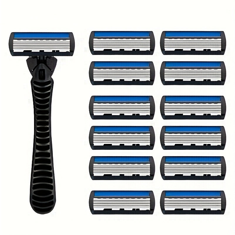 Men's 6-Layer Manual Razor Set with Non-Slip Metal Handle, Multiple Replacement Blades - Ideal for Beard and Mustache Trimming, Men's Grooming Kit|Sleek Razor Design|Durable Shaver Set, Beard Grooming Kit