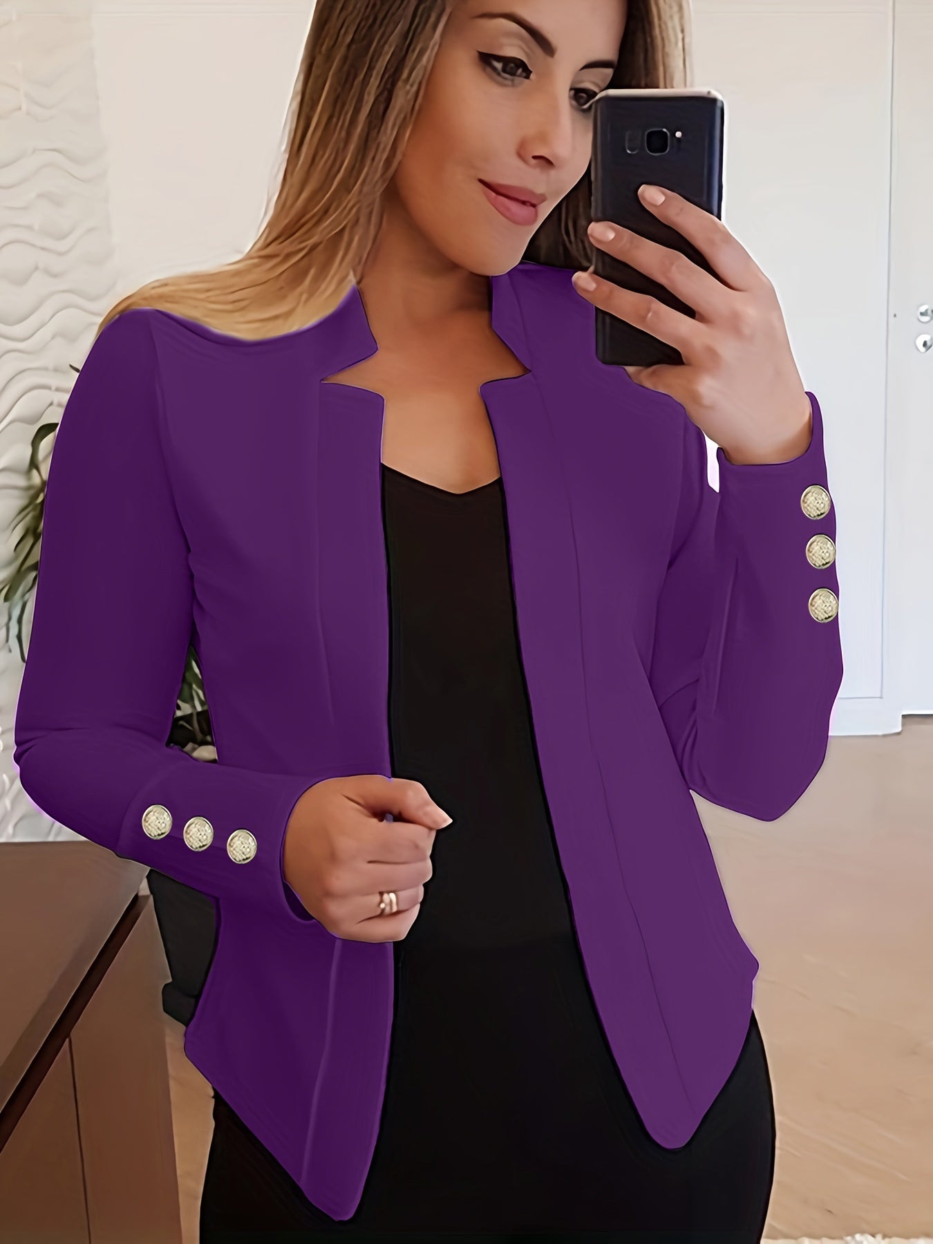 Solid Open Front Blazer, Casual Long Sleeve Button Blazer For Office & Work, Women's Clothing