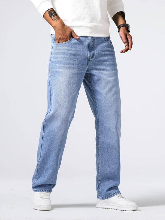 Men's Light Blue Relaxed Fit Jeans - Casual Straight-Leg Machine-Washable Denim Pants for Casual Attire, All-Season Comfort & Versatile Style