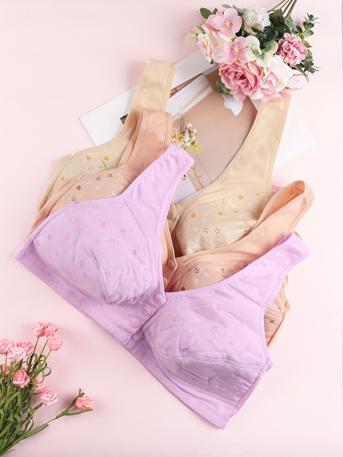 3pcs Plus size Floral Print Front button Bras, Comfortable & Light Beige-friendly Intimates Bras, Women's Underwear & Lingerie