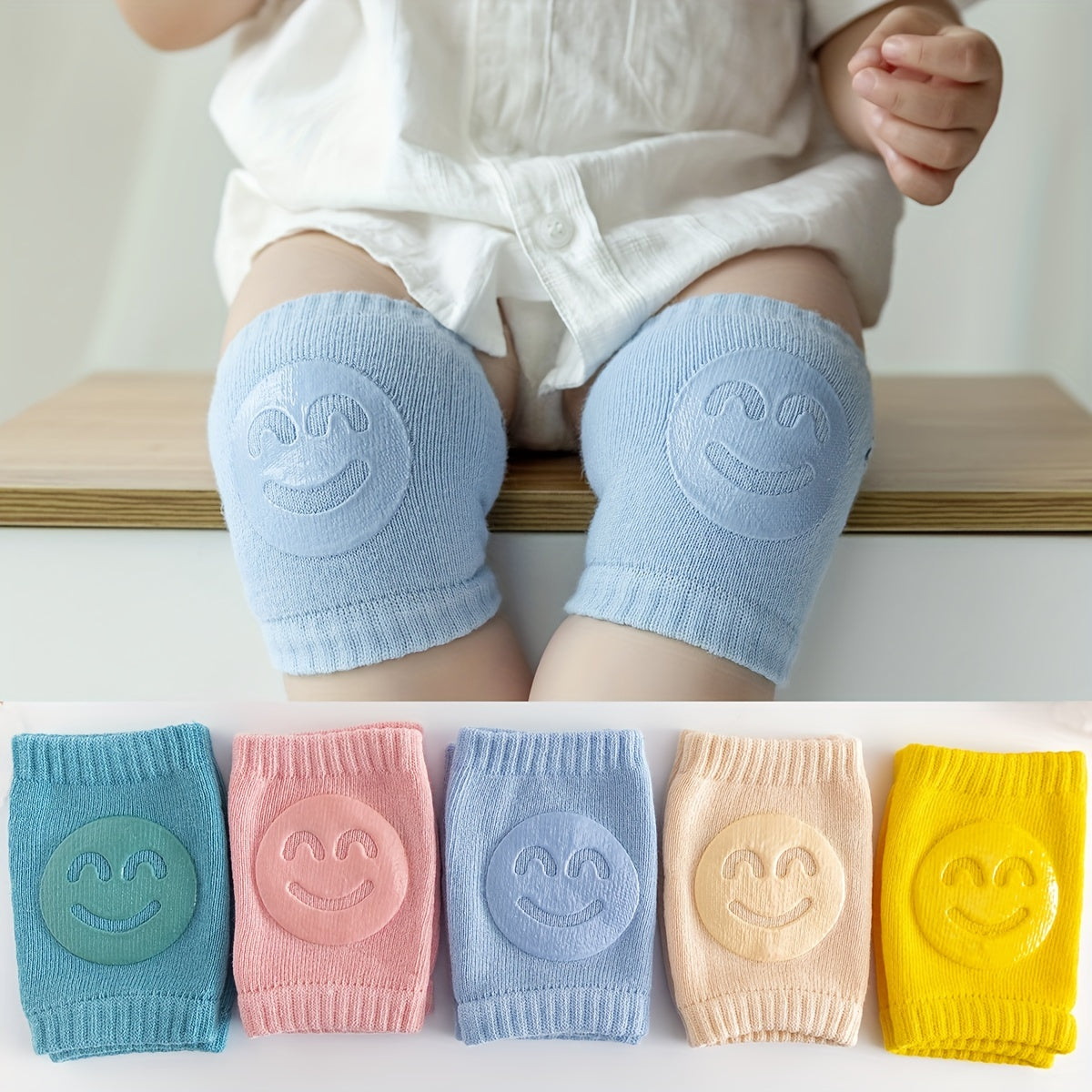 Toddler Knee & ElbOW Guards - Soft Pastel (Pink, Green, Blue, Beige, Yellow) with joyful Face Design - Non-Toxic, Protection for Crawling, Walking, Playground - Ideal for Babies & Kids 0-1 Years Old - Easy to Wear Everyday Knee and elbow pads, Crawling Sa