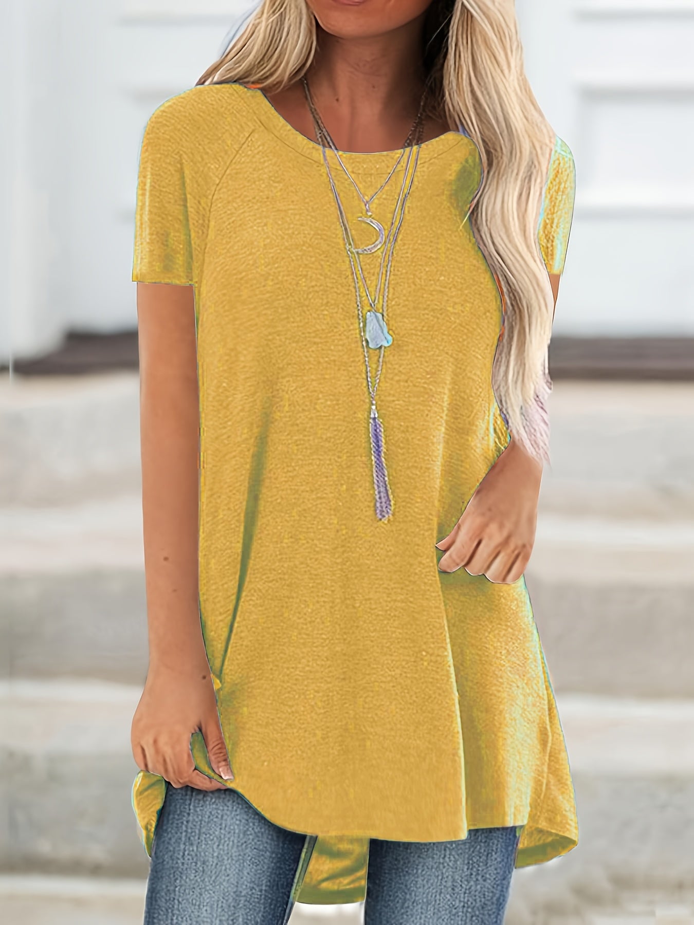 Solid Longline T-Shirt, Crew Neck Short Sleeve T-Shirt, Casual Every Day Tops, Women's Clothing