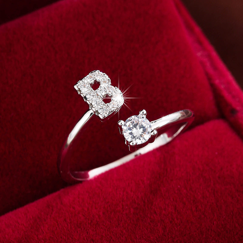 Fashionable 26 English Letters Four-Prong Synthetic Synthetic Zirconia Open Adjustment Ring