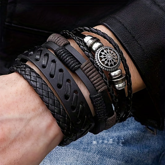 4pcs/Set Faux Leather Bracelet for Men, Punk Bracelets Set, PU Braided Wrap Wristband sun-flower Shaped Jewelry Accessories Adjustable Black, Father'S Day Gifts, High quality bracelet set