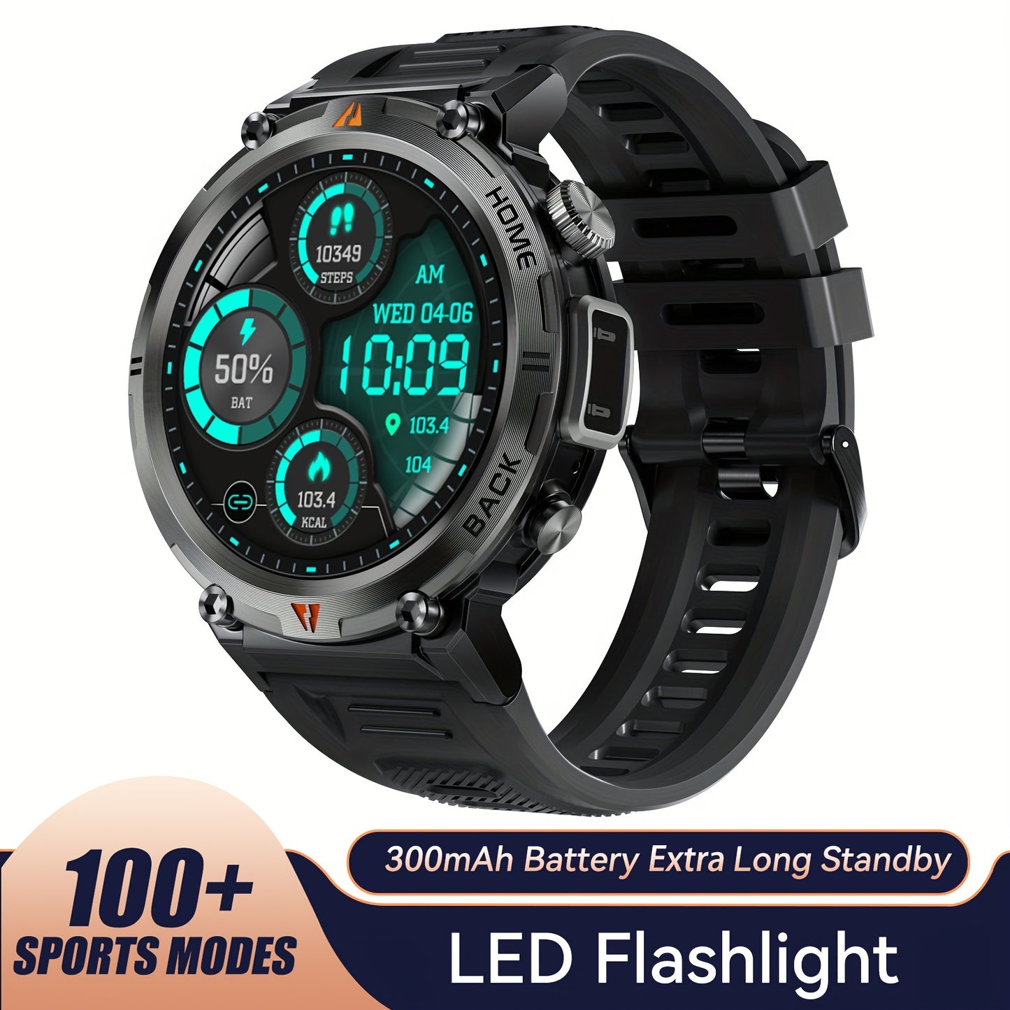 1pc JELLOO Men'S Smartwatch with 360p TFT Display, 3.68cm Screen, 300mAh Rechargeable Battery, 3ATM Water Resistance, Wireless 5.2, USB Charging, LED Flashlight, Pedometer, Sports Modes, Compatible with iPhone & Android - Ideal Gift for Men