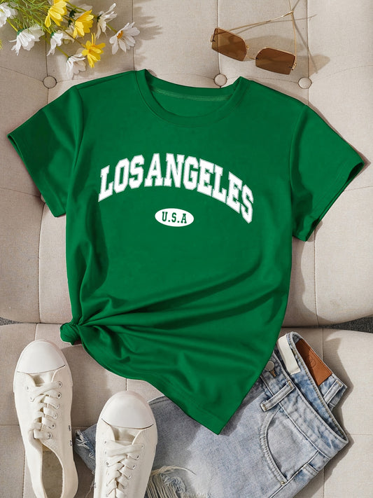 Women'S Casual Los Angeles Alphabet Print T-Shirt, Short Sleeve Crew Neck, Summer Knit Polyester Top with 5% Elastane, Regular Length - Black