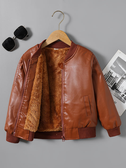 Boys' Cozy Fleece-Lined Zip-Up Jacket - Casual Stand Collar, Long Sleeve Outerwear for Fall/Winter