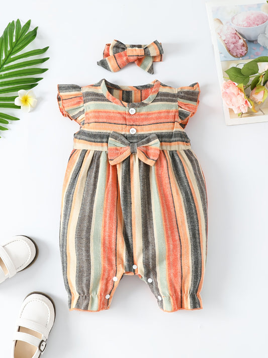 Baby Girl'S Casual Striped Romper with Bow Detail - Sleeveless Ruffled Hem, Mid-Length, Non-Stretch Fabric, Perfect for Spring/Fall, Baby Girl Outfit, Spring Baby Wear, Playful Babywear, Easy Care Clothing, for Outdoor