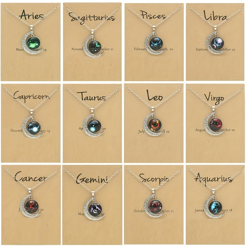 1pc Retro Glow-in-the-Dark Zodiac Moon Pendant Necklace - Vintage Style, Zinc Alloy with Glass Accents, Adjustable Chain for Women - Ideal for Daily Wear & Gifting, Zodiac Jewelry, Gift Jewelry, Vintage Jewelry, Durable Jewelry