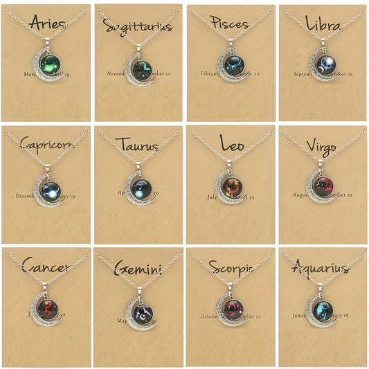 1pc Retro Glow-in-the-Dark Zodiac Moon Pendant Necklace - Vintage Style, Zinc Alloy with Glass Accents, Adjustable Chain for Women - Ideal for Daily Wear & Gifting, Zodiac Jewelry, Gift Jewelry, Vintage Jewelry, Durable Jewelry