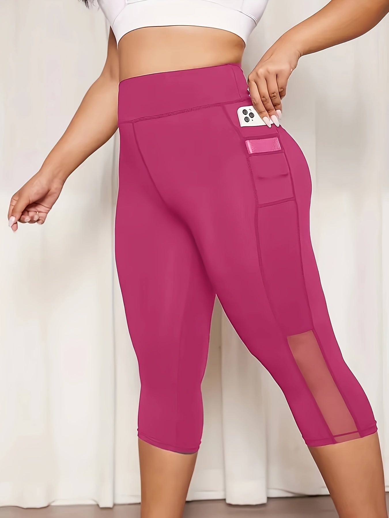 Plus Size Mesh Seven-Split Pants with Pockets, High-Waisted Tummy Control Workout Running Yoga Leggings, Women's Sportswear