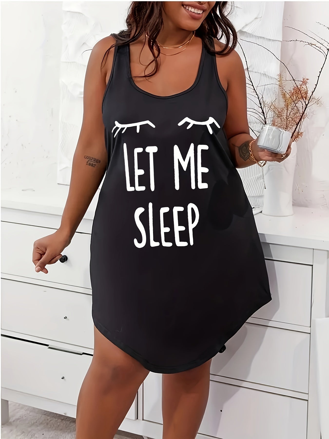Women's Plus Casual Sleep Dress, Plus Size Eyelash & Letter Print Racer Back Tank Nightdress
