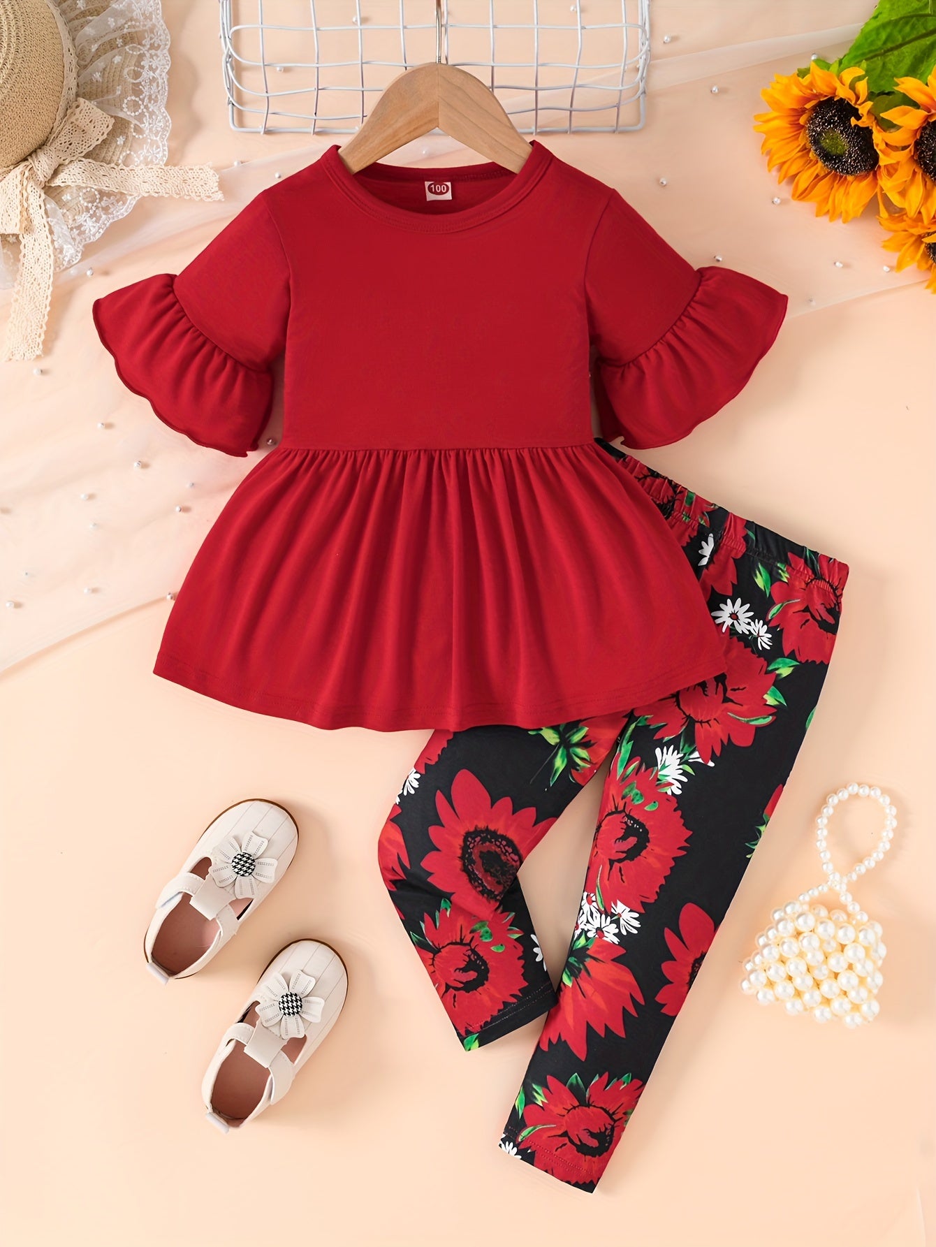 Girls' Floral Print Flared Sleeve Dress with Ruffled Hem & Elastic Waistband - Light Purple & Black Sunflower Design, Long Pants for Spring/Fall Casual Wear, Spring Fall Clothing, Comfortable Fit, for Outdoor