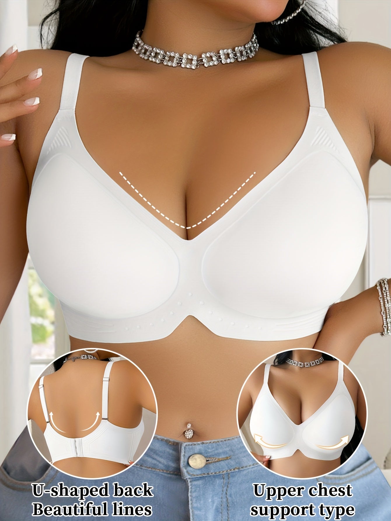Women'S Plus Size V-Neck Seamless Jelly Strip Bra - Soft, Supportive, and Wireless with Removable Pads, Breathable and Comfortable for Everyday Wear, Everyday Bra|Snug Fit Bra|Comfortable Wear Bra, Plus Size Bra
