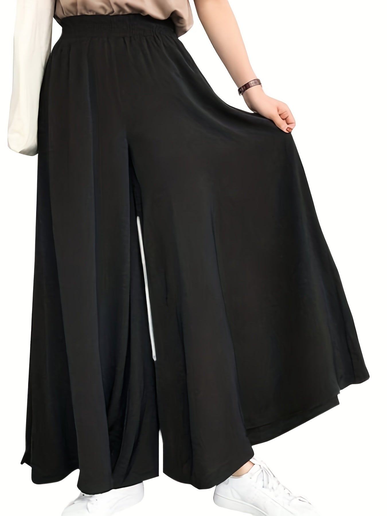 Women's Plus Size High-Waisted Wide-Leg Pants - Elastic Waist Relaxed Fit Navy Blue Casual Trousers for Beach & Casual Attire, All-Season Comfort, Elegance Collection, Beach Pants