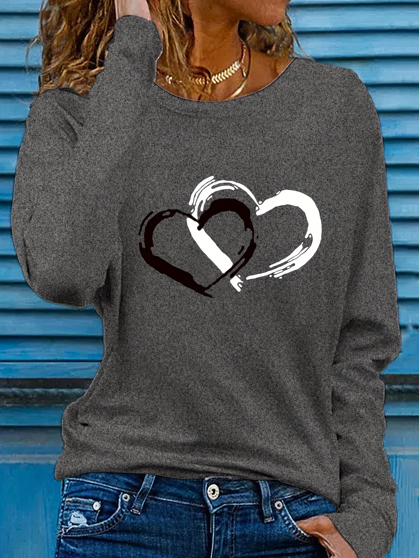 Heart Print Crew Neck T-shirt, Casual Long Sleeve Top For Spring & Fall, Women's Clothing