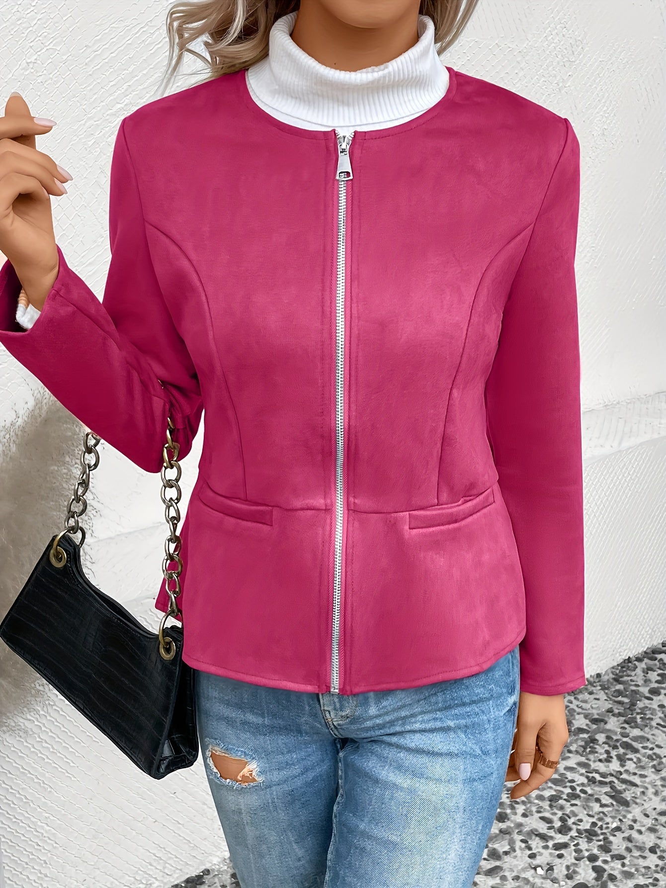 Women'S Stylish Round Neck Fitted Long Sleeve Cardigan with a Short Zip-Up Jacket.