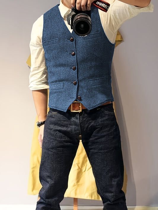 Men's Vintage Herringbone Tweed Vest - Western Cowboy Style, Gray Wool Blend with Button Front & Side Pockets for Weddings, Parties, Golf, Fishing, and Hunting