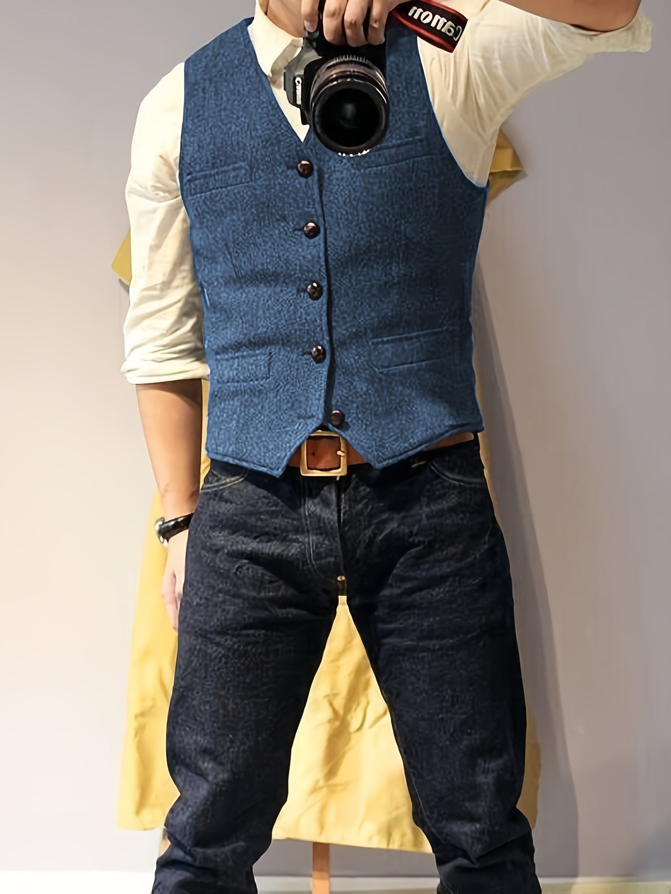 Men's Vintage Herringbone Tweed Vest - Western Cowboy Style, Gray Wool Blend with Button Front & Side Pockets for Weddings, Parties, Golf, Fishing, and Hunting