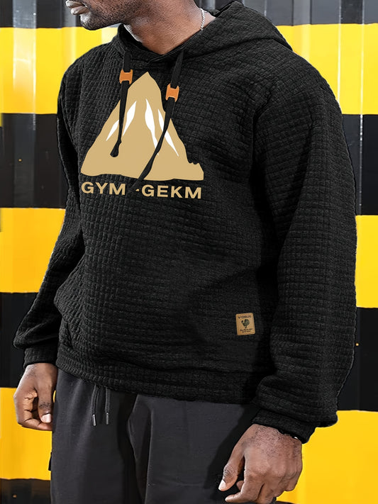 GEKM Men'S Bohemian Plaid Long Sleeve Hoodie - Cozy Jacquard Fabric Sweatshirt with Orange Accents, Casual Outdoor Jogging & Fitness Training Pullover, Regular Fit, Hooded Design, Comfortable Pullover