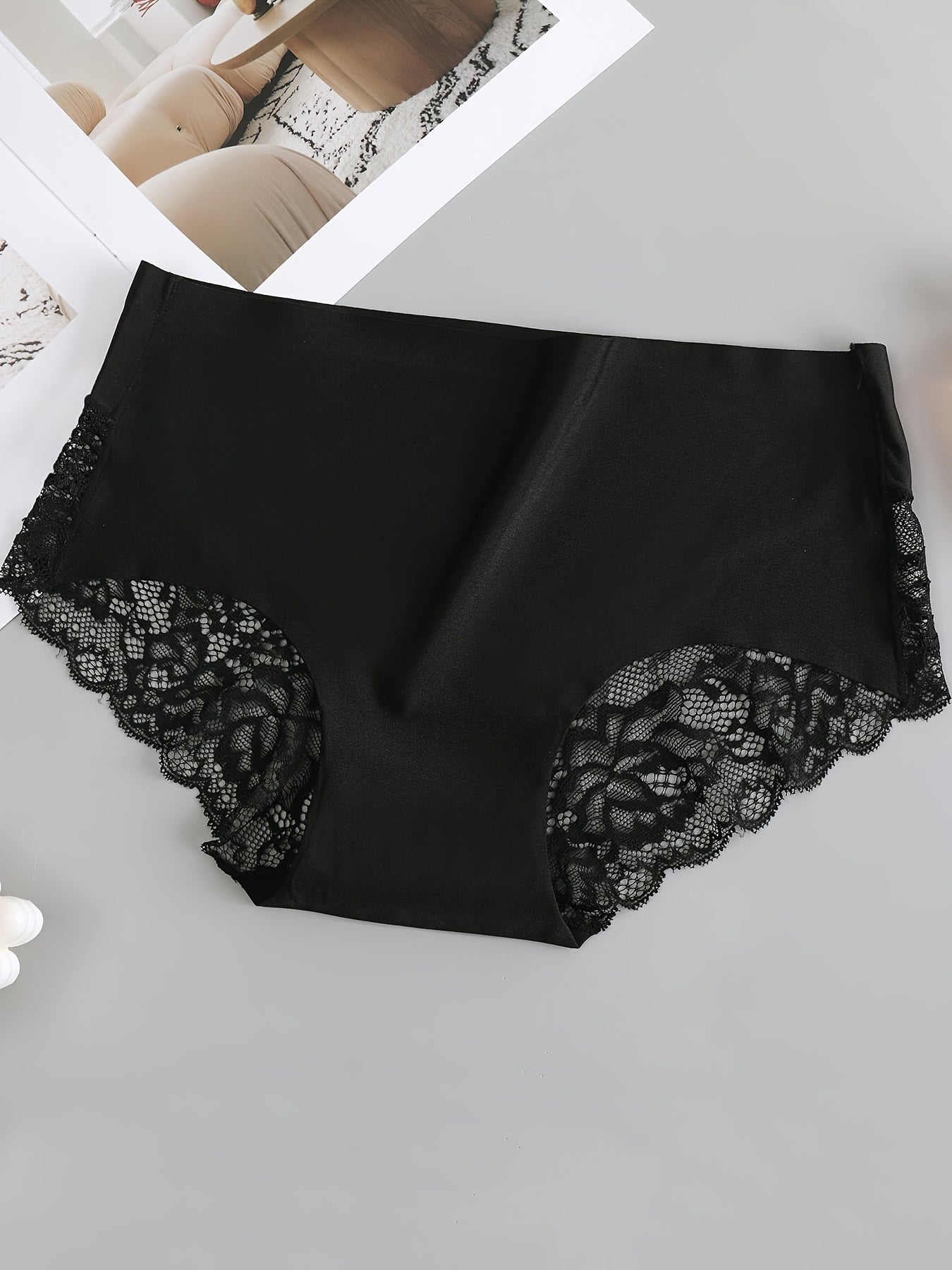 4pcs Women's Ice Sliky Fiber Fabric Underwear - Sexy Low-Rise Lace Trim Hipster Panties with Contrast Lace & Semi-Sheer Design, Soft Smooth Comfort Fit in Black/Navy/Gray/Olive Green - Everyday & Special Occasion Wear