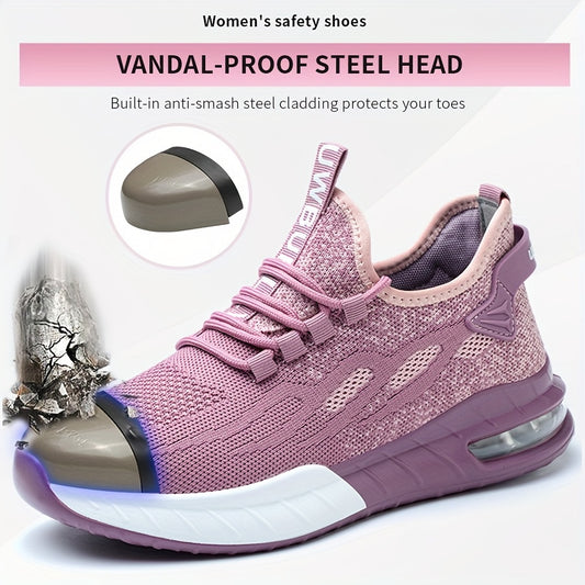 MENGYUXIN Women's Anti-Puncture & Steel-Toe Safety Work Shoes - Breathable Lightweight Construction Boots with Cushioned Insole, PU Sole & Pink Mesh Design for All-Season Job Wear
