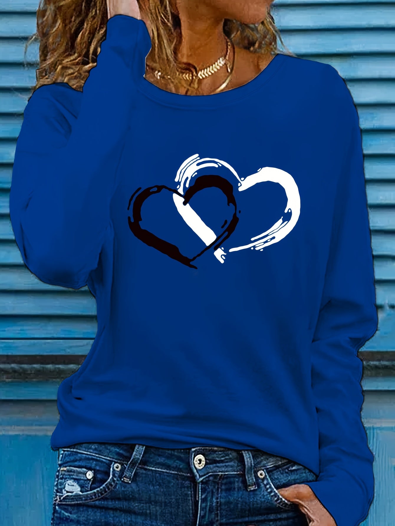 Heart Print Crew Neck T-shirt, Casual Long Sleeve Top For Spring & Fall, Women's Clothing