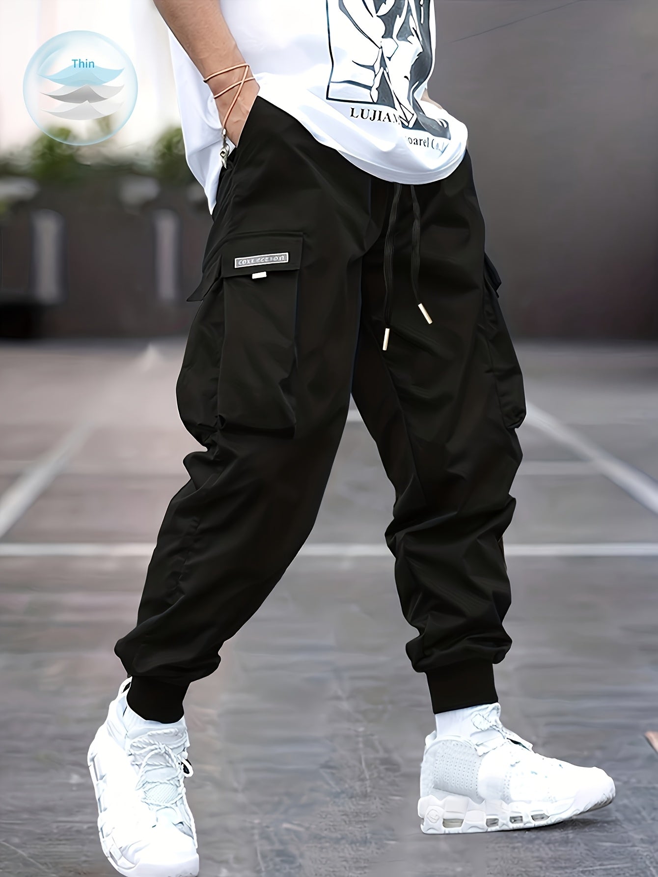 Lightweight Design| Men's Olive Green Cargo Pants - Lightweight Polyester, Casual Style with Multiple Pockets and Drawstring Waist, Perfect for Spring/Fall, Spring Fall Attire|Drawstring Waistband|Smooth Texture Fabric
