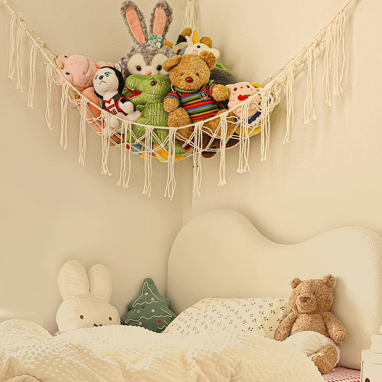 Large Cotton Stuffed Animal Hammock - Jumbo Plush Toy Storage Net Organizer for Kids Room Decor - Nursery Wall Bedroom Home Organizer with 3 Hooks Included - White