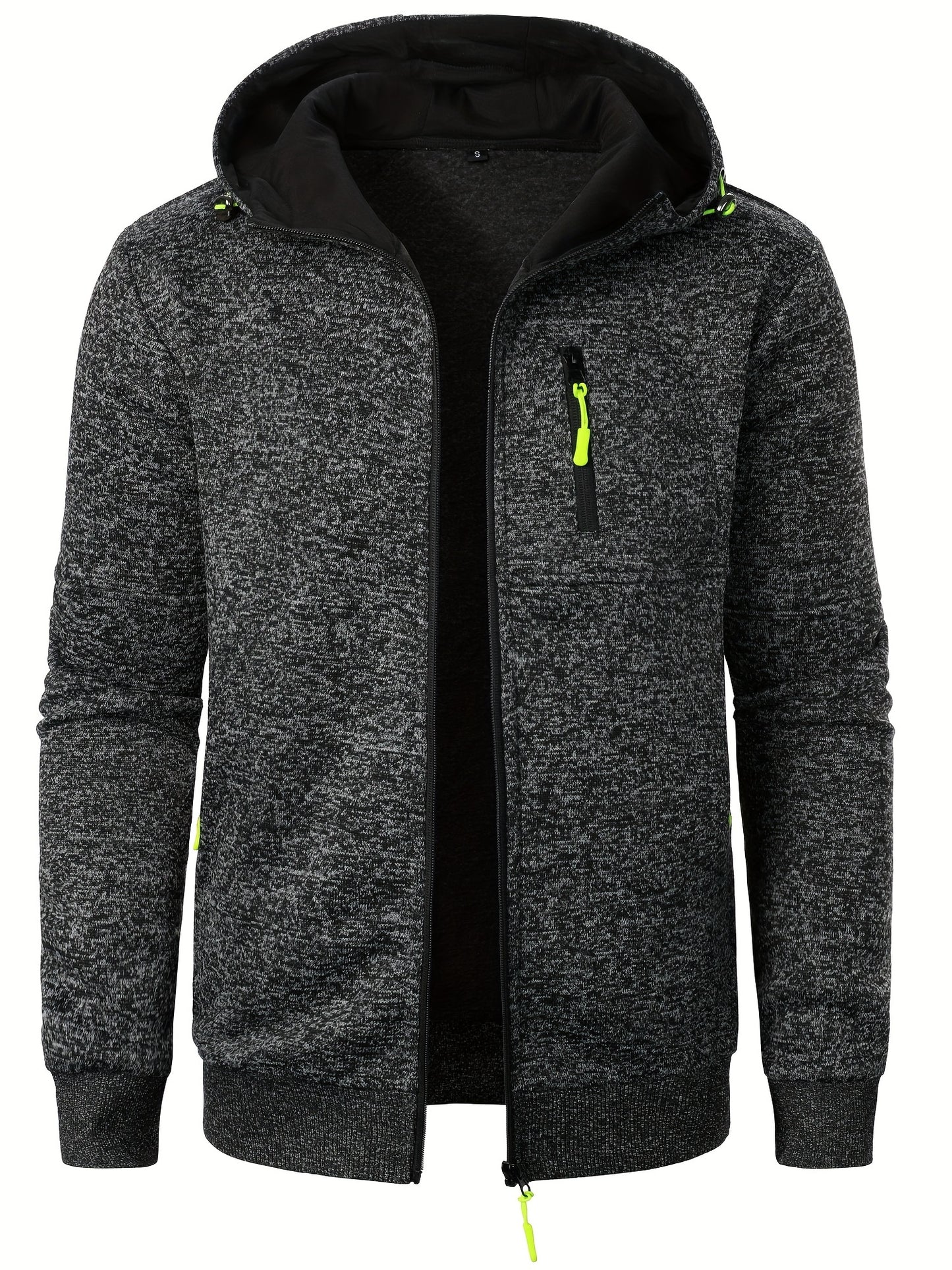 Men's Autumn Winter Casual Plush Hooded Sweater - Soft Knit Zipper Front with Neon Accents, Regular Fit Long Sleeve Pullover for Cold Weather, Sweater Hoodie, Ribbed Detailing