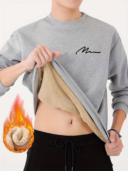 Men's Winter Warm Fleece-Lined Crew Neck Sweatshirt - Casual Black Long Sleeve with "MOM" Embroidery, Machine Washable, Cozy Polyester Fabric