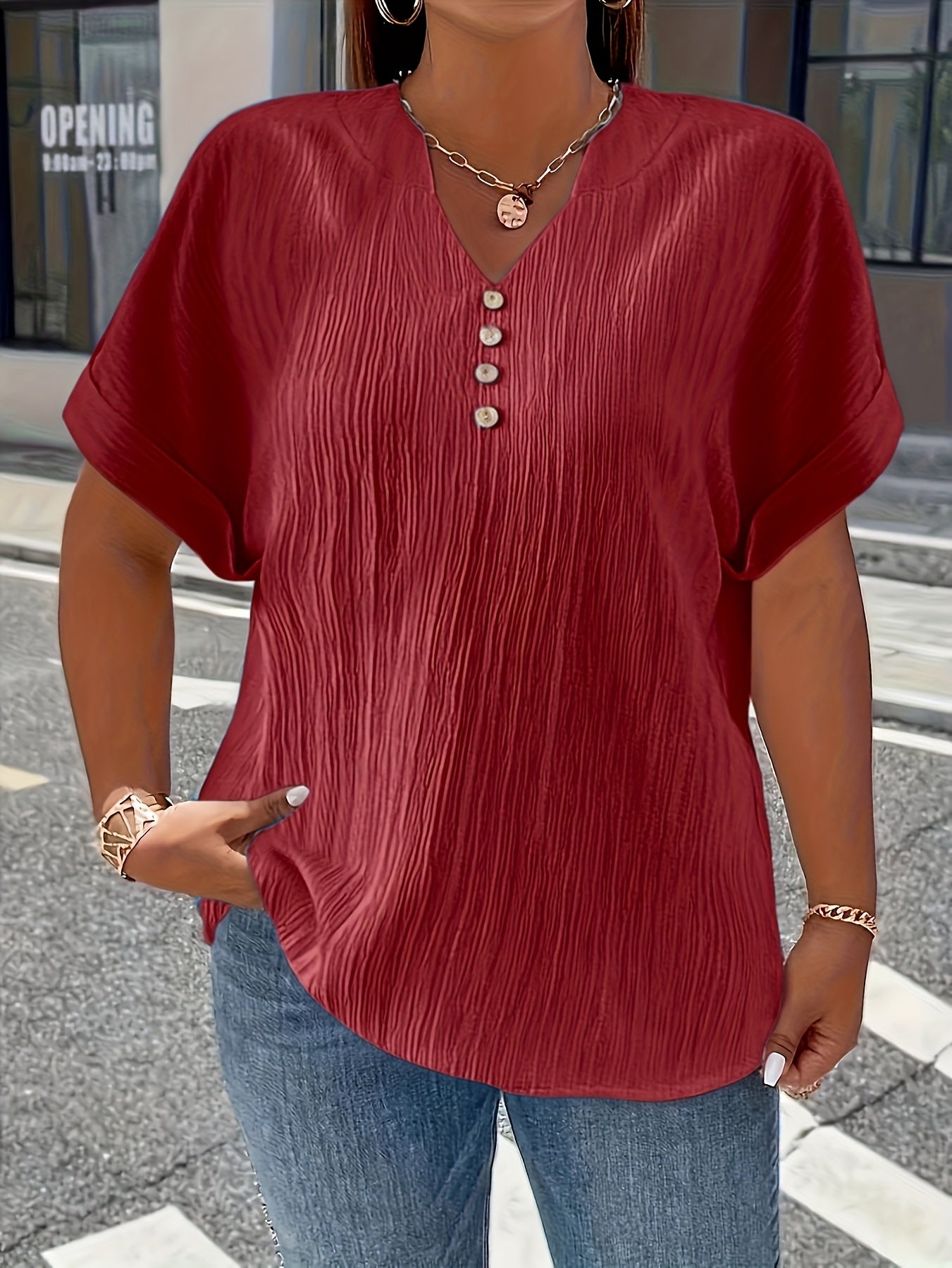 Plus Size, Women's Plus Size New European and American Spring/Summer Short Sleeve Button Solid Color Elegant Casual T-Shirt