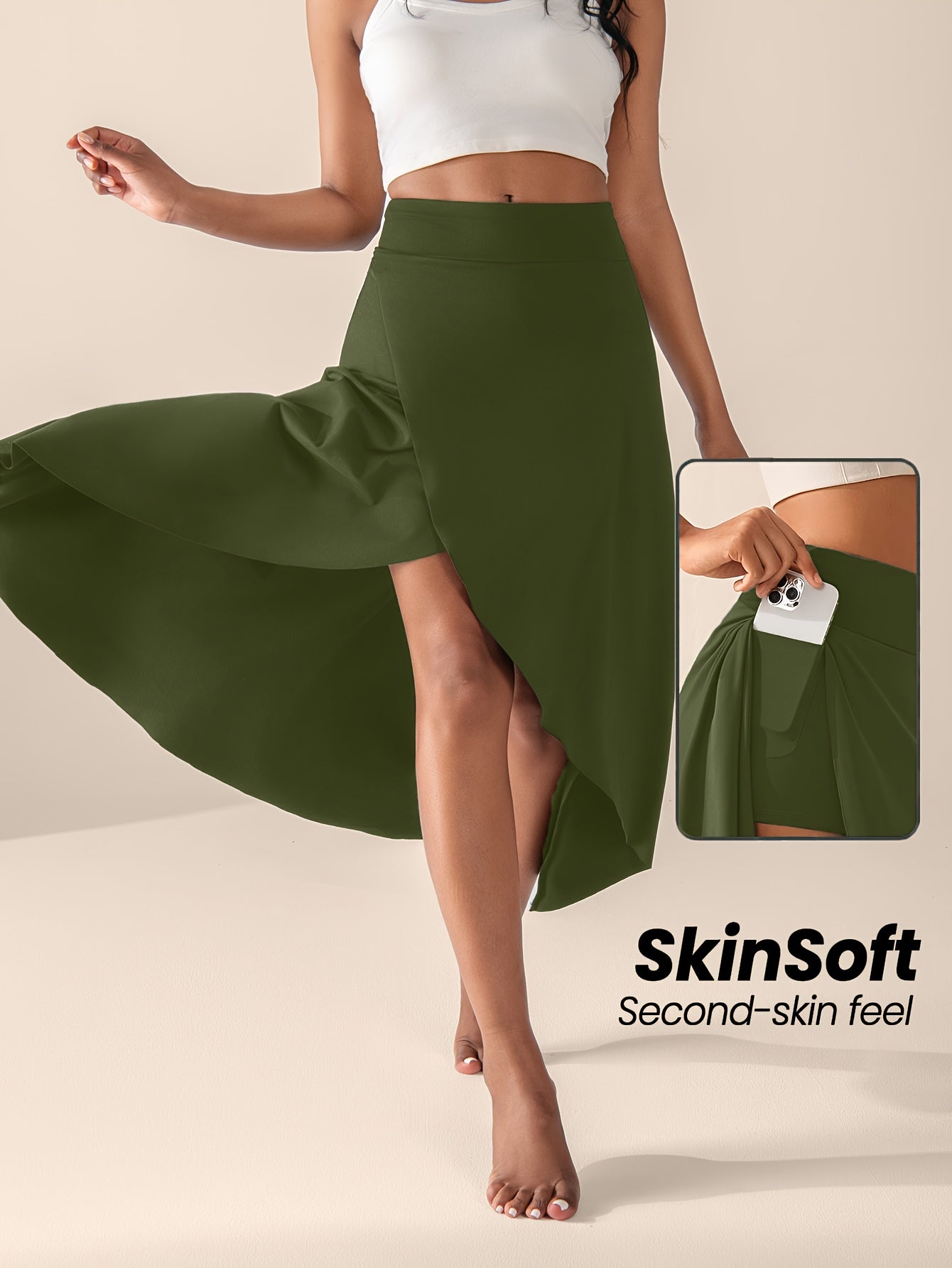Women's High-Waisted Split Skort with Pockets, Solid Color Casual Sports Skirt, Breathable & Flexible for Active Wear