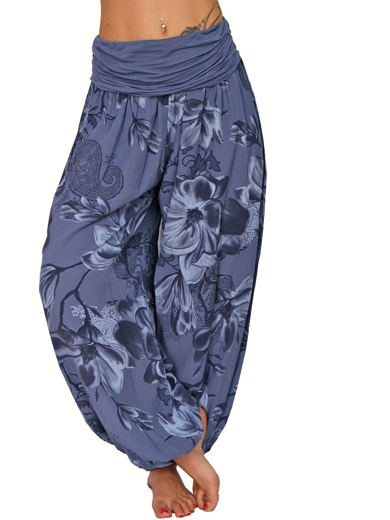 Women's Floral Print Harem Pants - Lightweight Polyester, Wide Leg, Casual Vacation Style, Blue and White Flowers, Relaxed Fit Pants|Vacation Style Pants|Machine Washable Fabric, Ladies Pants