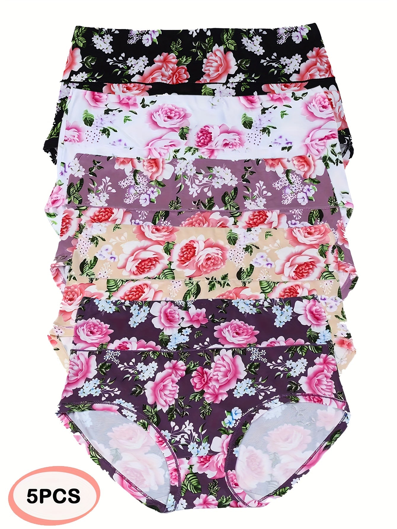 5 Pack Women's Elegant Panties Set, Plus Size Floral Print High Rise Breathable Soft Briefs 5pcs Set