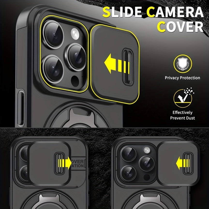 For iPhone 16/15/14/13/12/11/Pro/Max Pro/Plus Mobile Phone Case, with Sliding Camera Cover + [Full Camera Protection], with 360° Rotating Ring Bracket/Magnetic Car Bracket/Matte Texture Shockproof Mobile Phone Protective Case