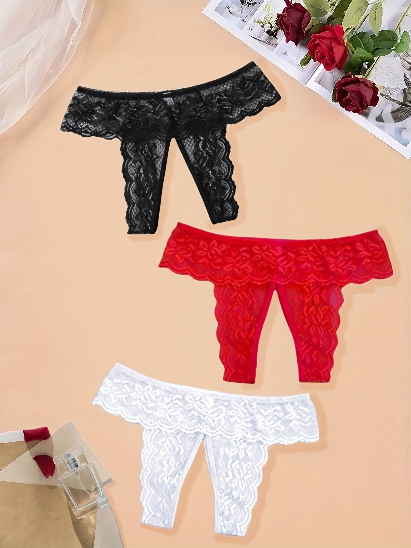 Women'S Sexy Red Lace Thong Panties - Open Crotch Design with Cut-Out Details, Breathable & Comfortable Intimate Underwear for Valentine'S Day or Special Occasions, Romantic Clothing, Elegant Style, Intricate Detailing