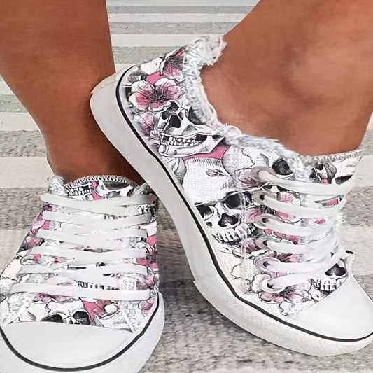 European and American Export Large Size Halloween Skeleton 3D Print Low-Top Lace-Up Casual Flat Shoes for Women